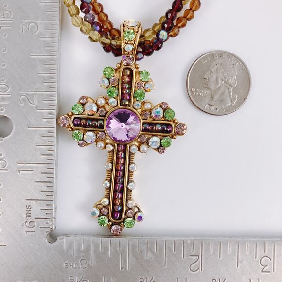 Colorful Glass Rhinestone Cross Christian Pendant Beaded Necklace Choker 16"-19" - Picture 10 of 12